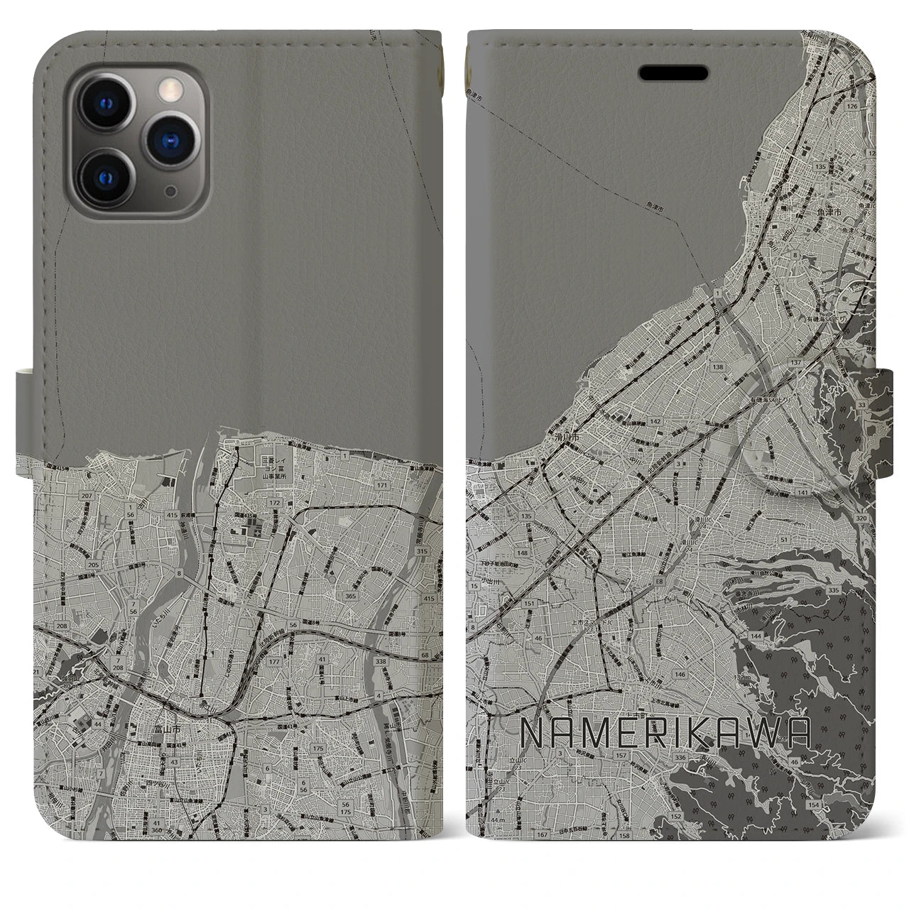 【滑川(富山県)】地図柄iPhoneケース(手帳タイプ)モノトーン・iPhone 11 Pro Max 用
