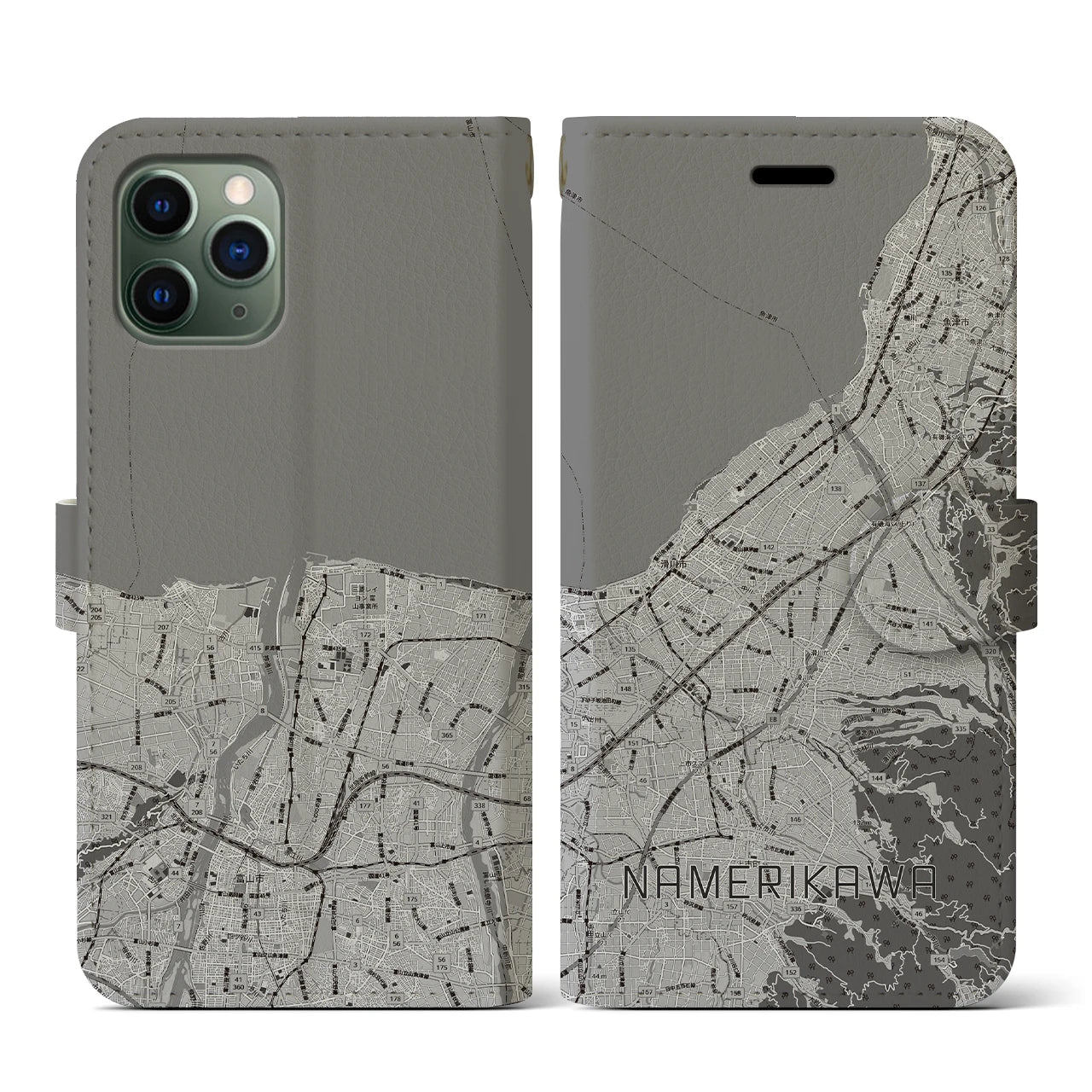 【滑川(富山県)】地図柄iPhoneケース(手帳タイプ)モノトーン・iPhone 11 Pro 用
