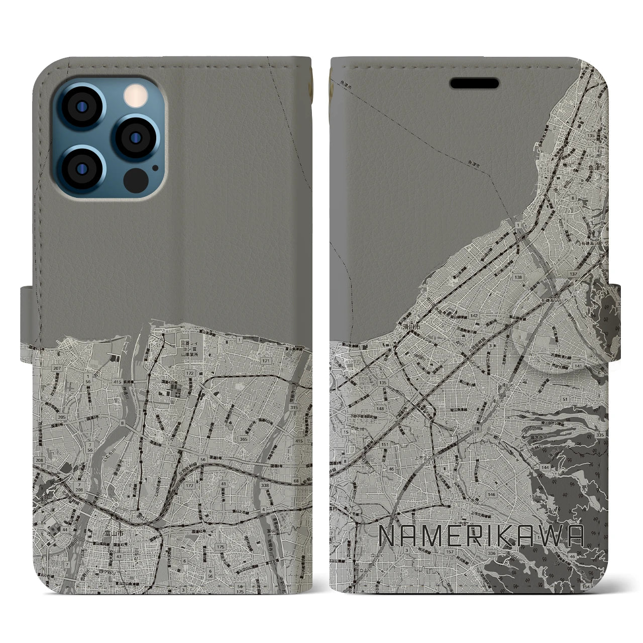 【滑川(富山県)】地図柄iPhoneケース(手帳タイプ)モノトーン・iPhone 12 / 12 Pro 用