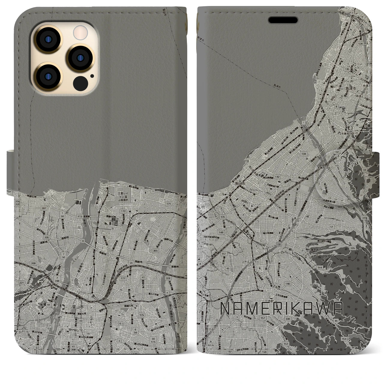 【滑川(富山県)】地図柄iPhoneケース(手帳タイプ)モノトーン・iPhone 12 Pro Max 用