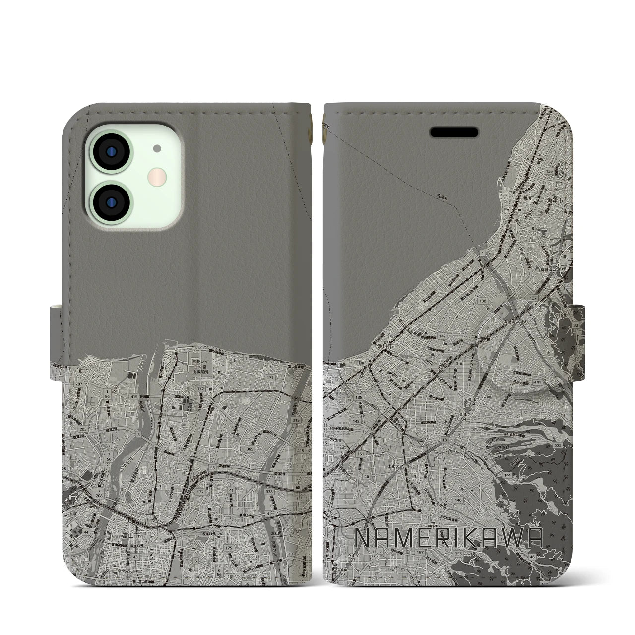 【滑川(富山県)】地図柄iPhoneケース(手帳タイプ)モノトーン・iPhone 12 mini 用