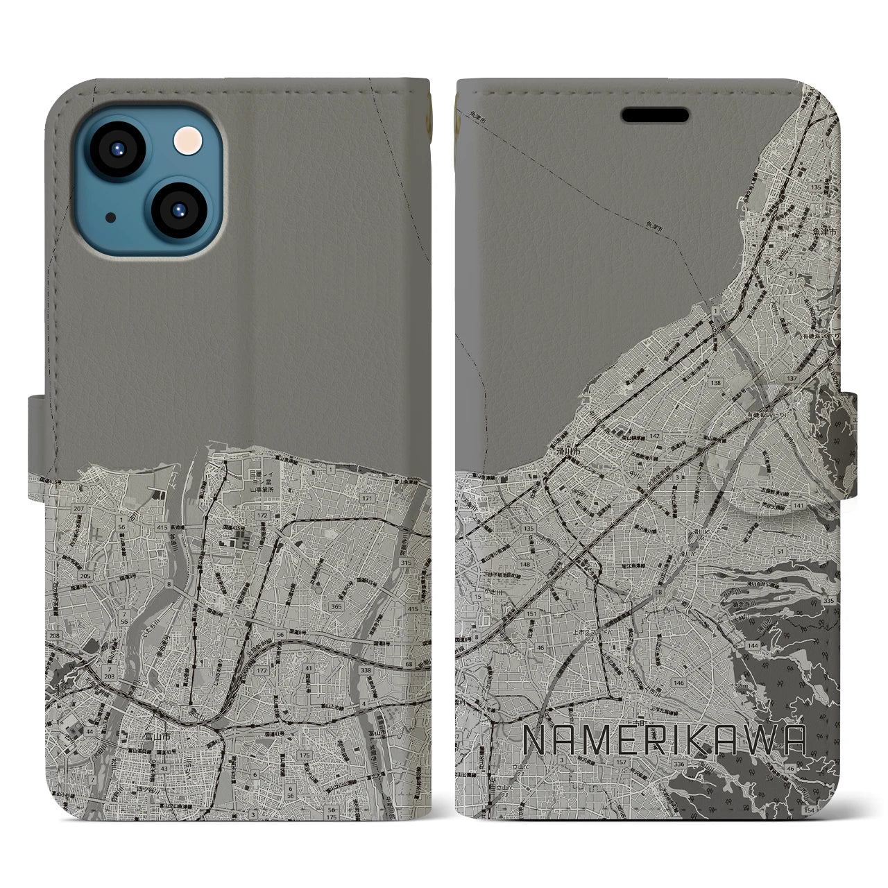 【滑川(富山県)】地図柄iPhoneケース(手帳タイプ)モノトーン・iPhone 13 用