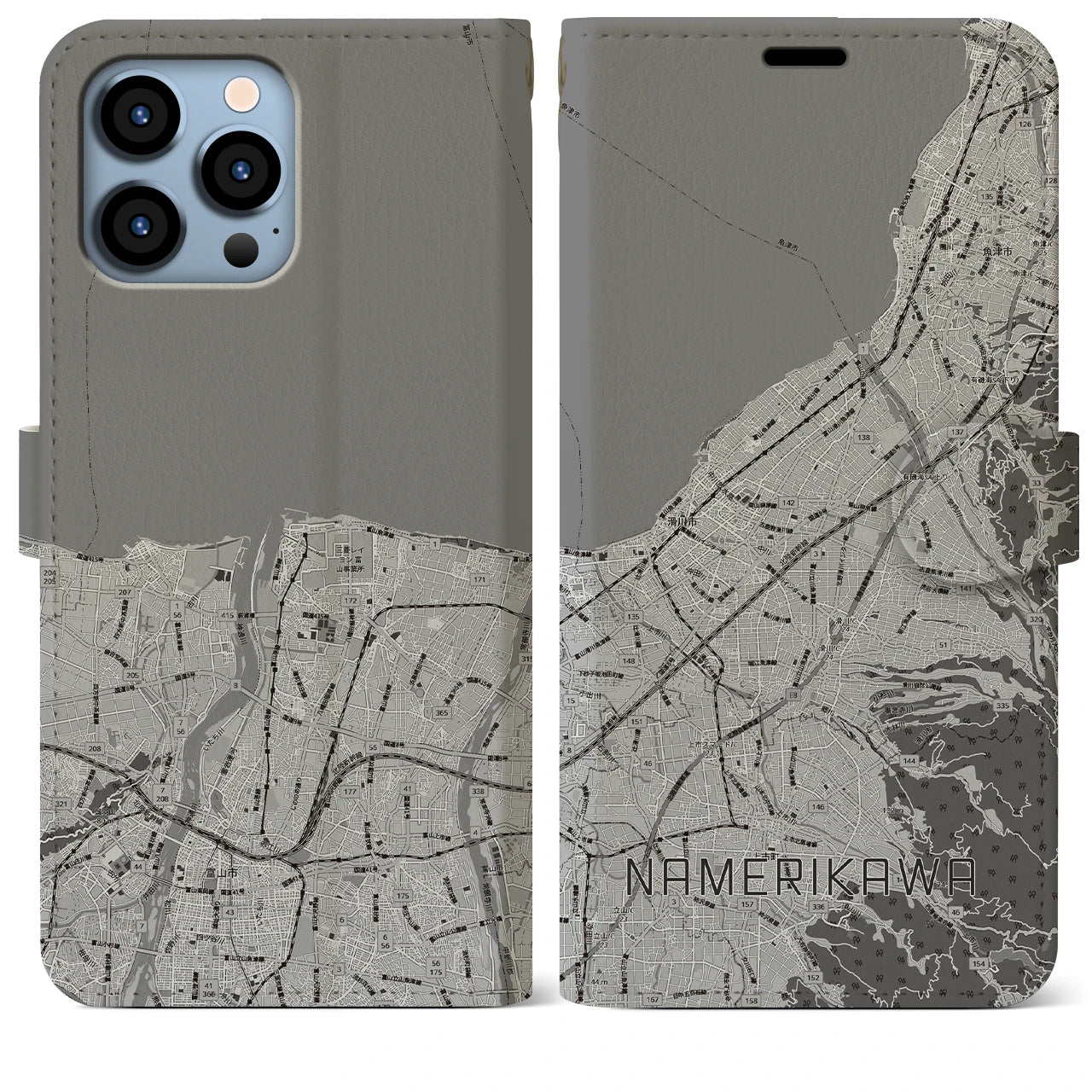 【滑川(富山県)】地図柄iPhoneケース(手帳タイプ)モノトーン・iPhone 13 Pro Max 用