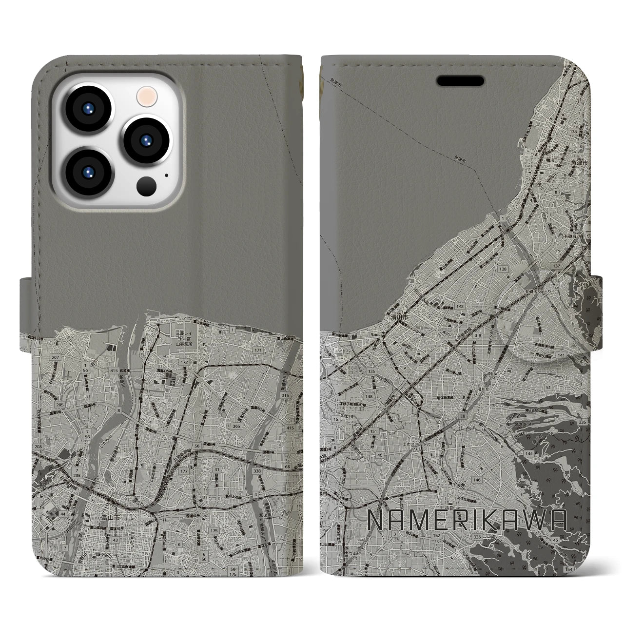 【滑川(富山県)】地図柄iPhoneケース(手帳タイプ)モノトーン・iPhone 13 Pro 用