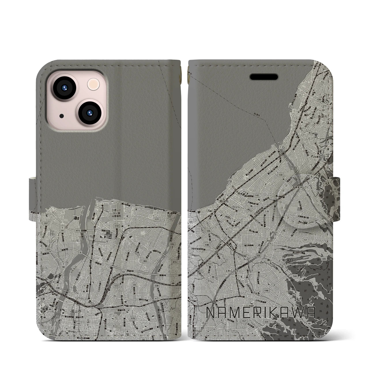 【滑川(富山県)】地図柄iPhoneケース(手帳タイプ)モノトーン・iPhone 13 mini 用