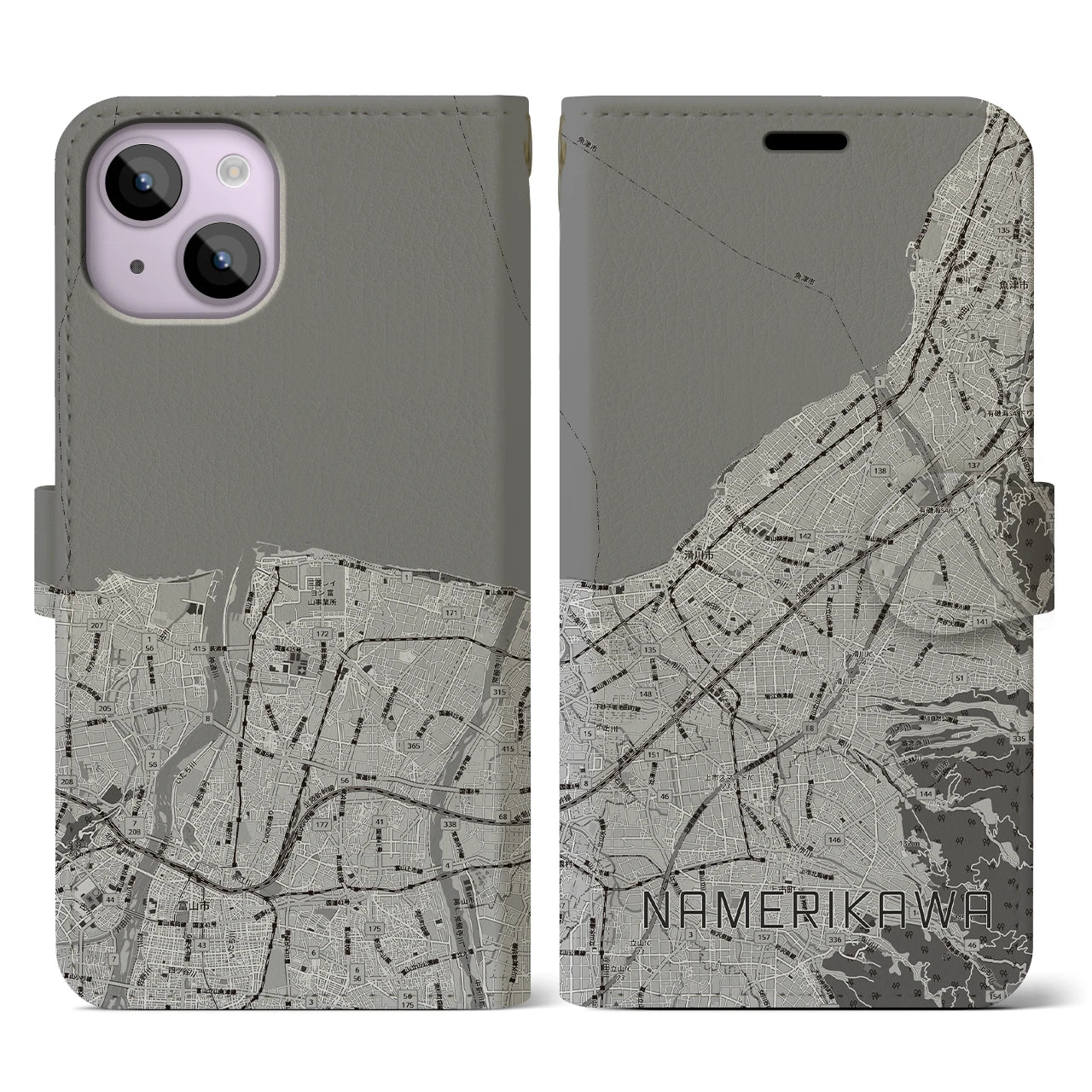 【滑川(富山県)】地図柄iPhoneケース(手帳タイプ)モノトーン・iPhone 14 用