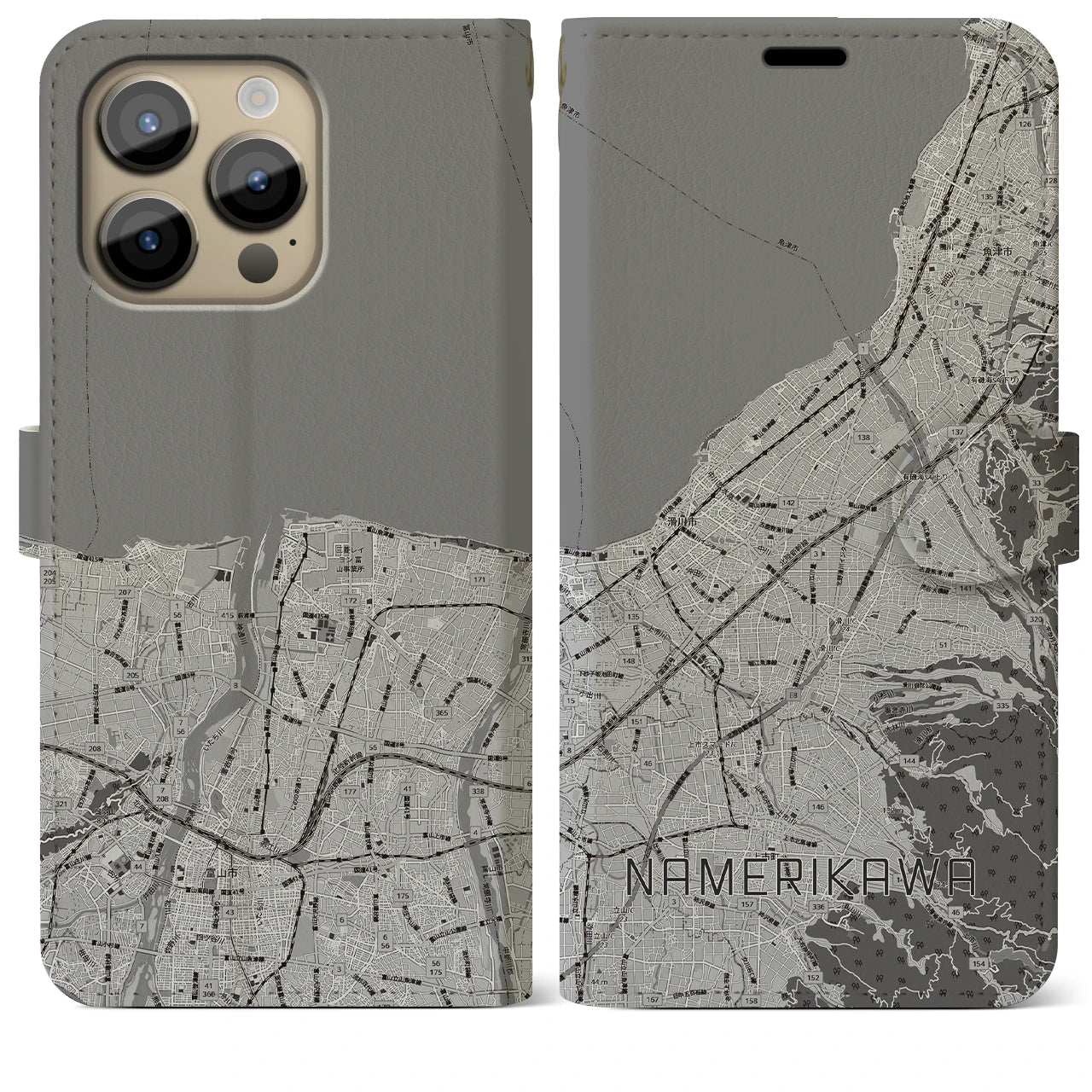 【滑川(富山県)】地図柄iPhoneケース(手帳タイプ)モノトーン・iPhone 14 Pro Max 用