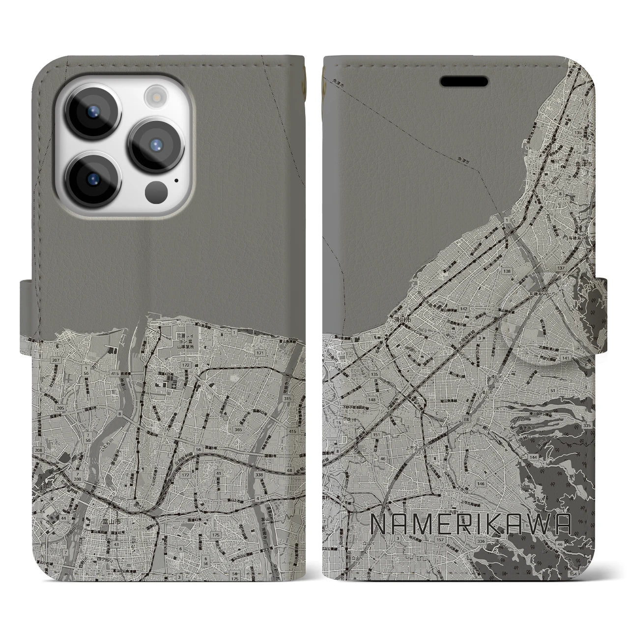 【滑川(富山県)】地図柄iPhoneケース(手帳タイプ)モノトーン・iPhone 14 Pro 用