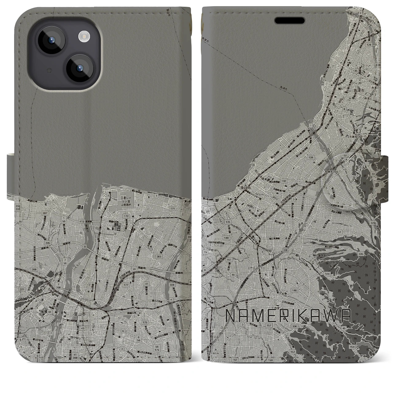 【滑川(富山県)】地図柄iPhoneケース(手帳タイプ)モノトーン・iPhone 14 Plus 用