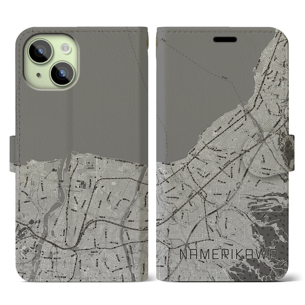 【滑川(富山県)】地図柄iPhoneケース(手帳タイプ)モノトーン・iPhone 15 用