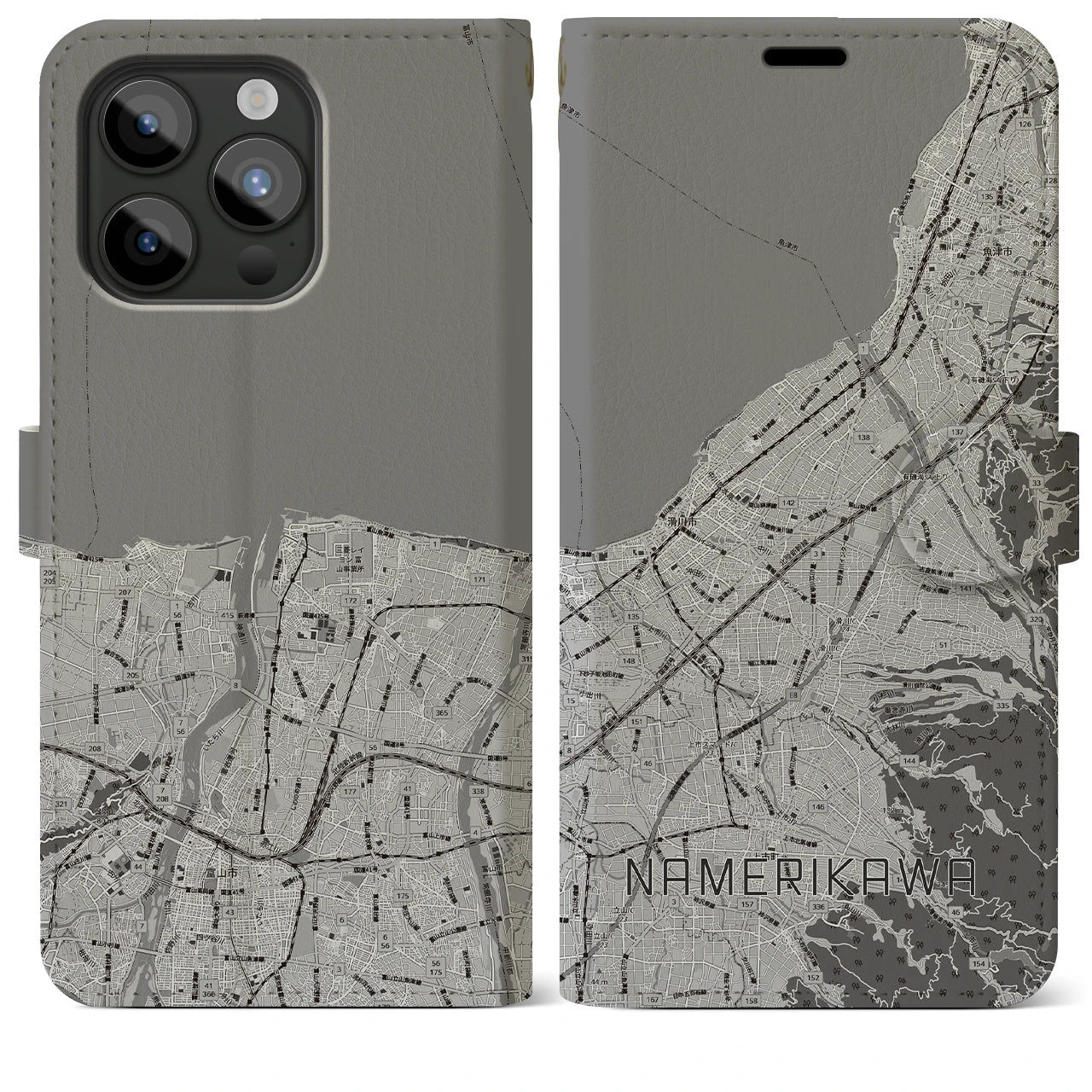 【滑川(富山県)】地図柄iPhoneケース(手帳タイプ)モノトーン・iPhone 15 Pro Max 用