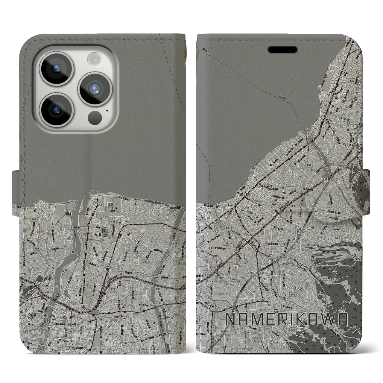 【滑川(富山県)】地図柄iPhoneケース(手帳タイプ)モノトーン・iPhone 15 Pro 用