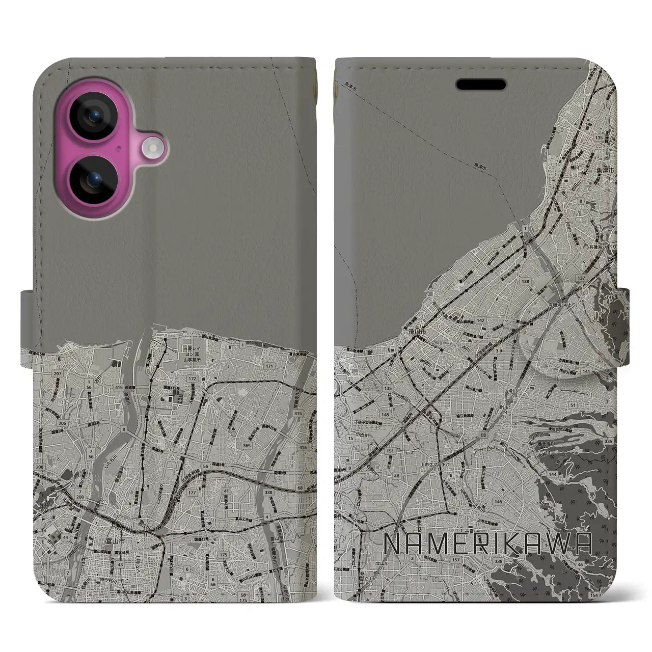 【滑川(富山県)】地図柄iPhoneケース(手帳タイプ)モノトーン・iPhone 16 Pro 用