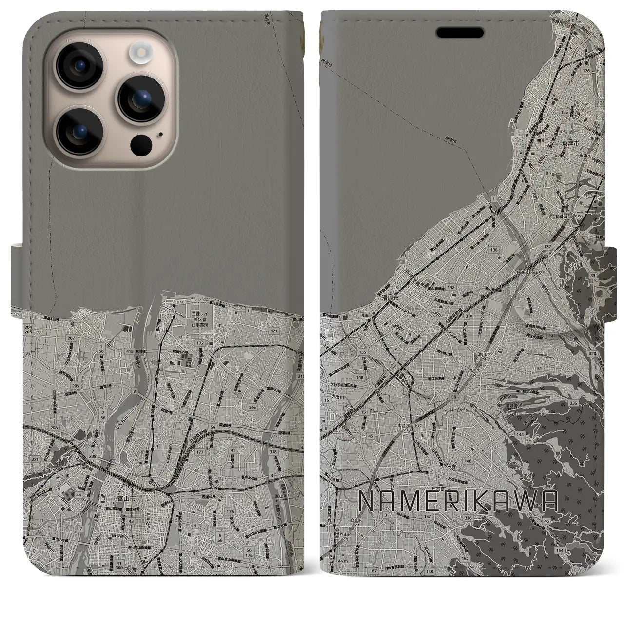 【滑川(富山県)】地図柄iPhoneケース(手帳タイプ)モノトーン・iPhone 16 Plus 用