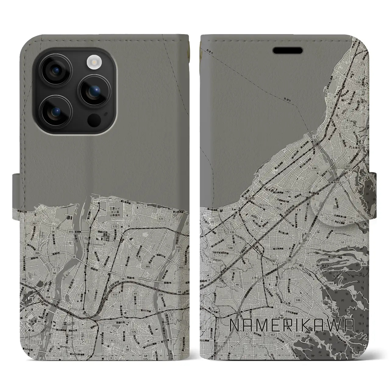 【滑川(富山県)】地図柄iPhoneケース(手帳タイプ)モノトーン・iPhone 16 用