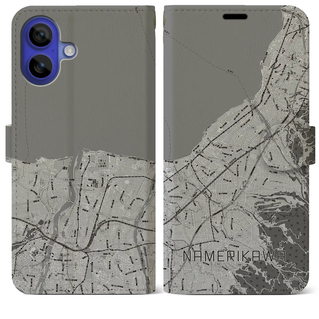 【滑川(富山県)】地図柄iPhoneケース(手帳タイプ)モノトーン・iPhone 16 Pro Max 用