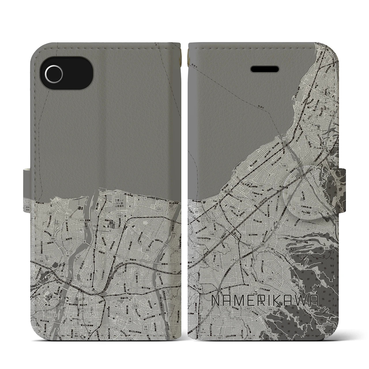 【滑川(富山県)】地図柄iPhoneケース(手帳タイプ)モノトーン・iPhone SE(第3 / 第2世代) / 8 / 7 / 6s / 6 用