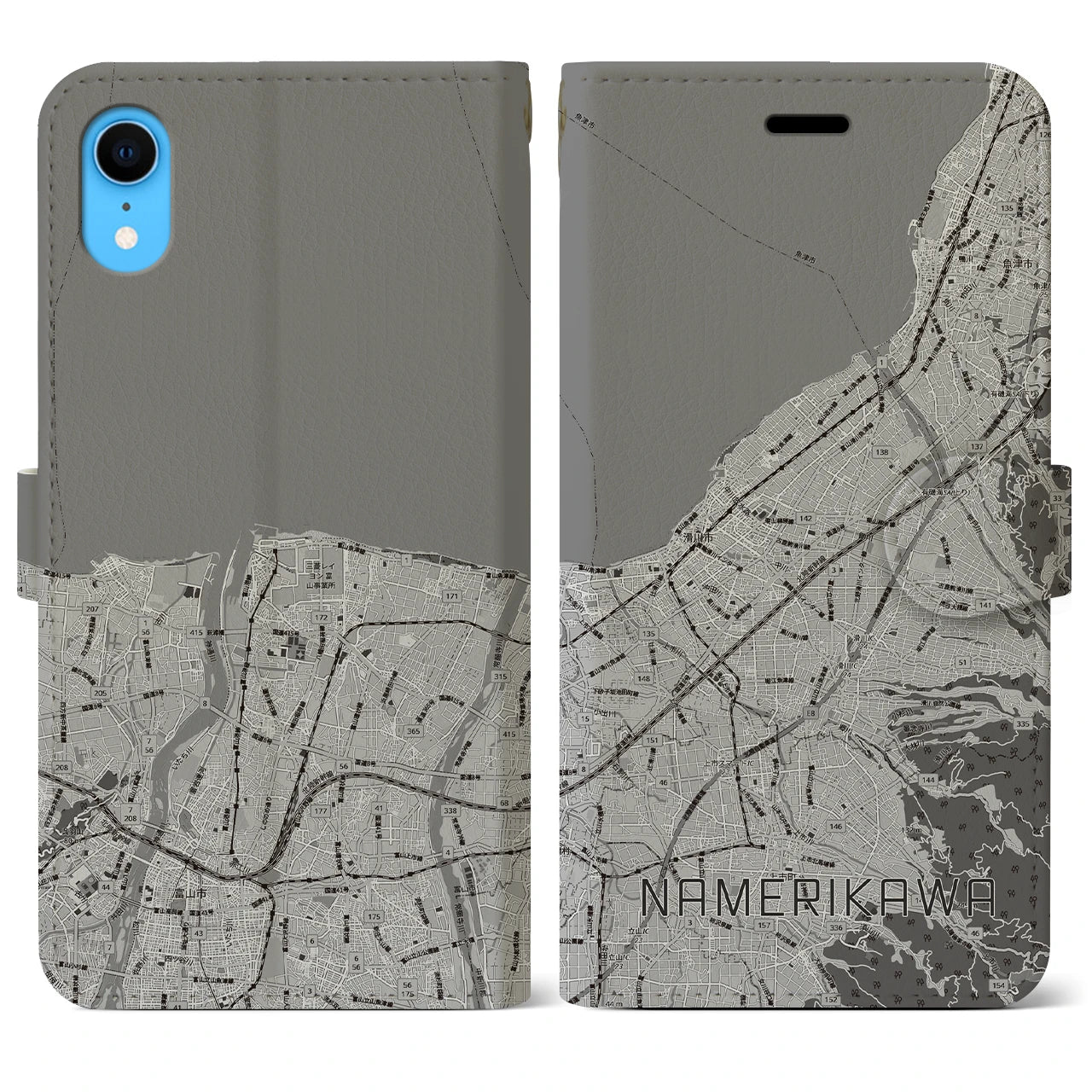 【滑川(富山県)】地図柄iPhoneケース(手帳タイプ)モノトーン・iPhone XR 用