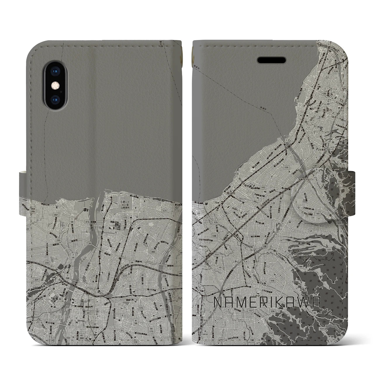 【滑川(富山県)】地図柄iPhoneケース(手帳タイプ)モノトーン・iPhone XS / X 用