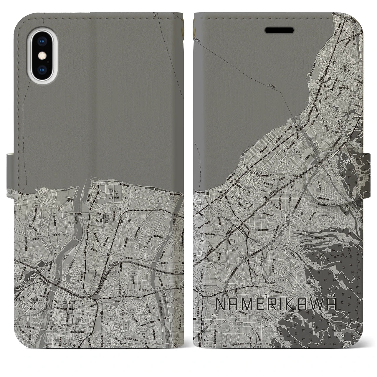 【滑川(富山県)】地図柄iPhoneケース(手帳タイプ)モノトーン・iPhone XS Max 用
