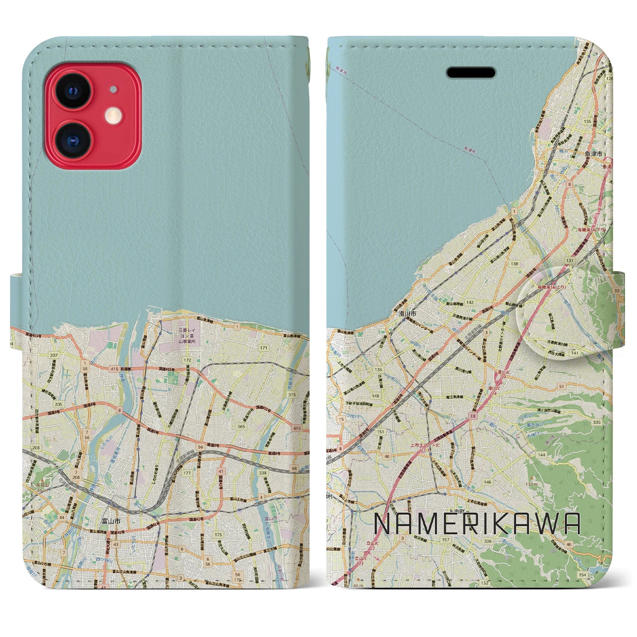 【滑川(富山県)】地図柄iPhoneケース(手帳タイプ)ナチュラル・iPhone 11 用