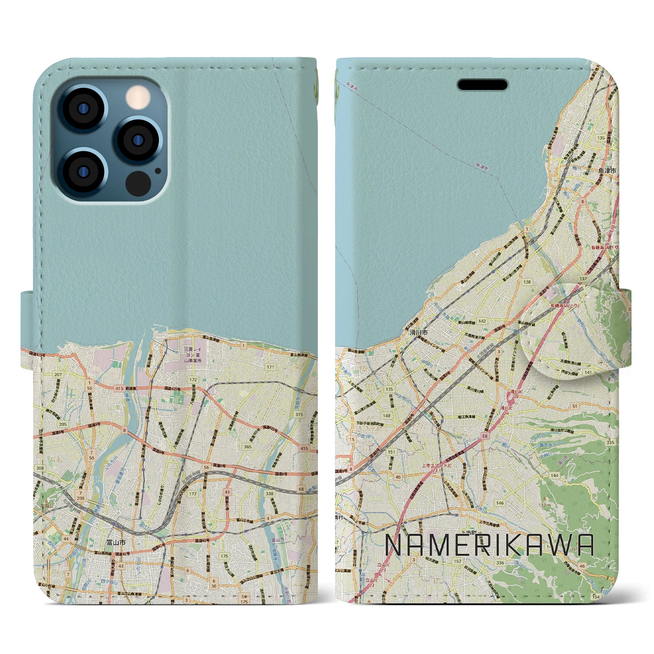【滑川(富山県)】地図柄iPhoneケース(手帳タイプ)ナチュラル・iPhone 12 / 12 Pro 用