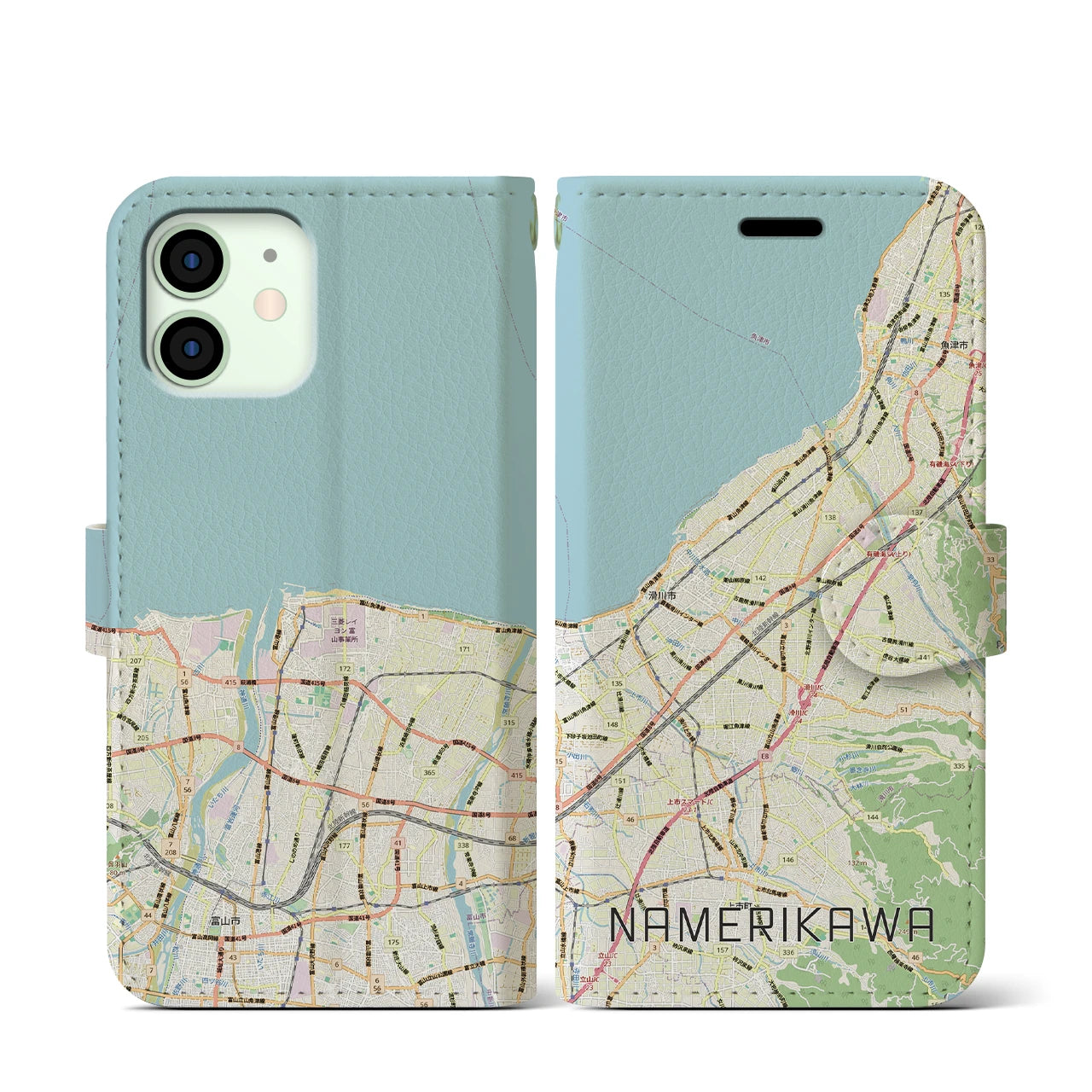 【滑川(富山県)】地図柄iPhoneケース(手帳タイプ)ナチュラル・iPhone 12 mini 用