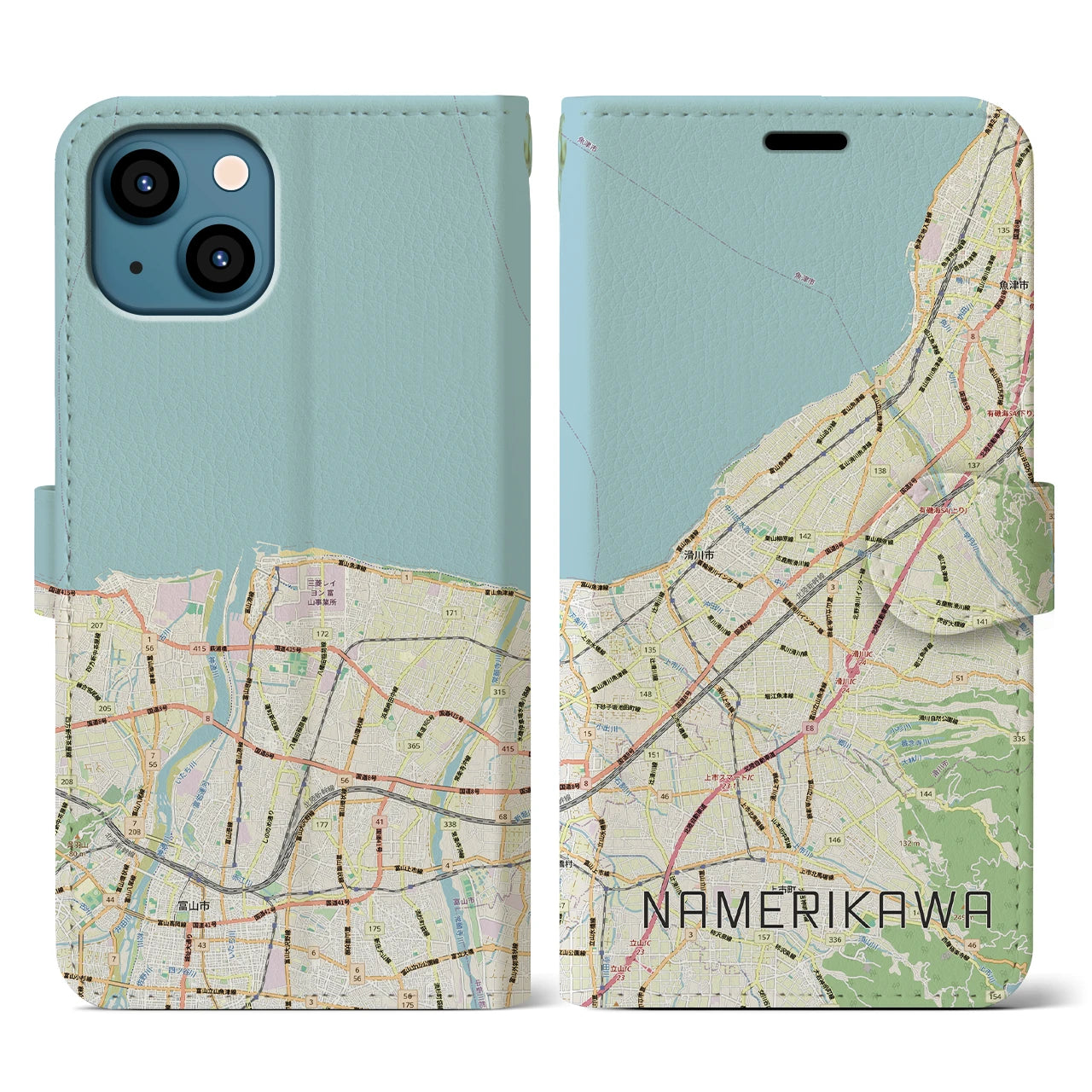 【滑川(富山県)】地図柄iPhoneケース(手帳タイプ)ナチュラル・iPhone 13 用