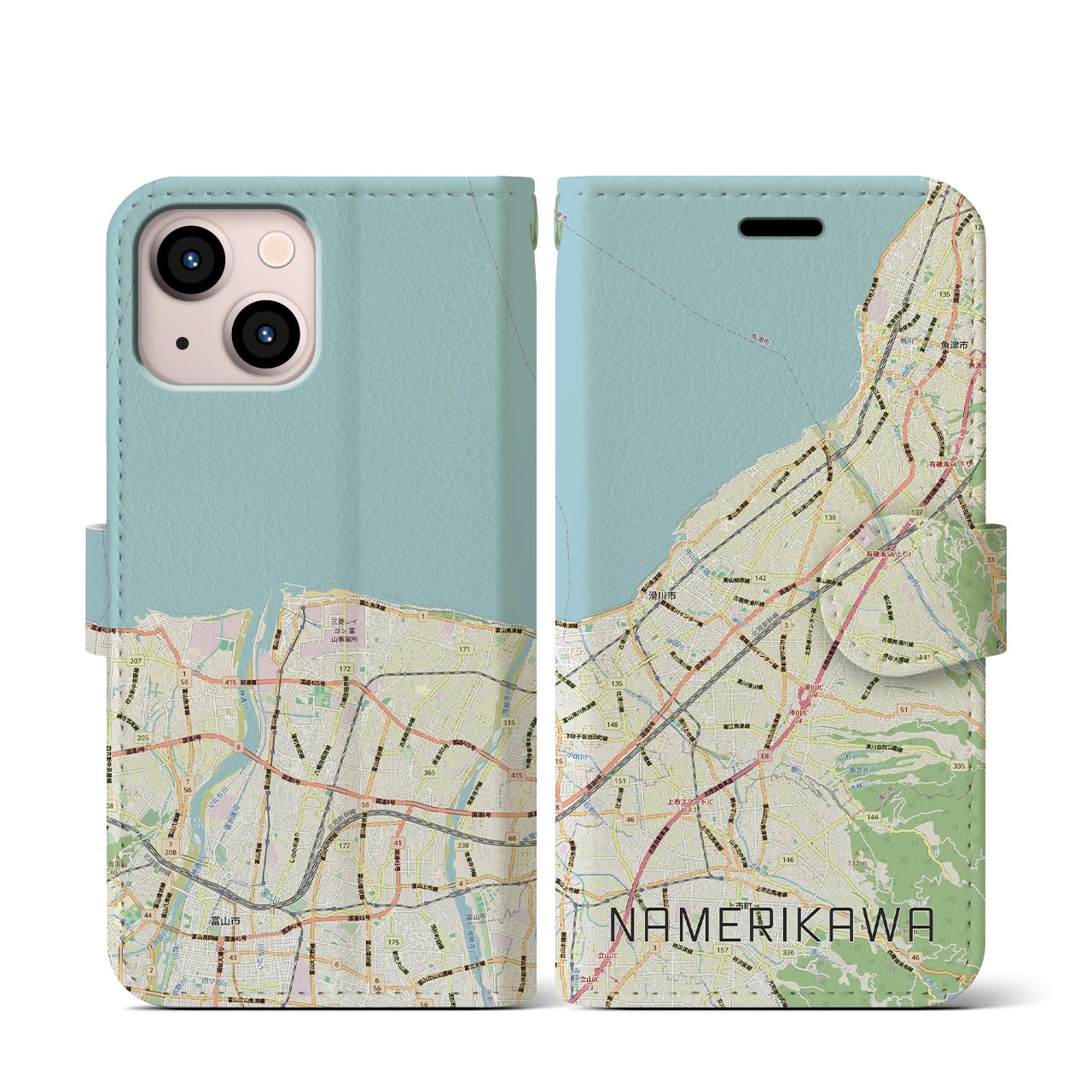 【滑川(富山県)】地図柄iPhoneケース(手帳タイプ)ナチュラル・iPhone 13 mini 用