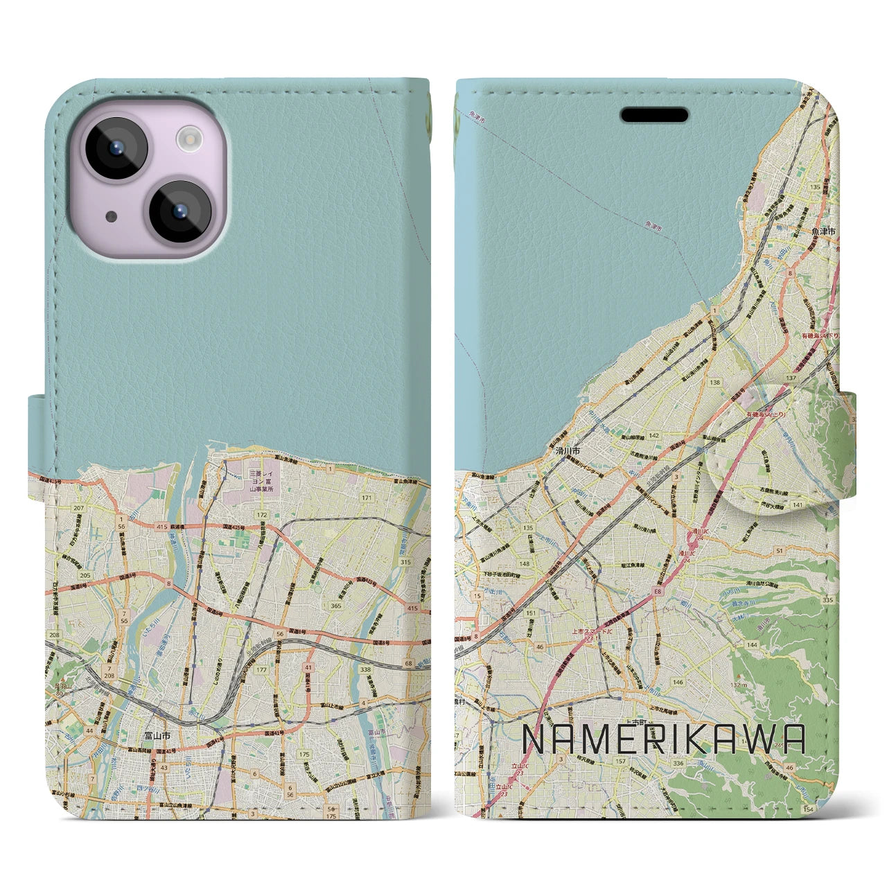 【滑川(富山県)】地図柄iPhoneケース(手帳タイプ)ナチュラル・iPhone 14 用
