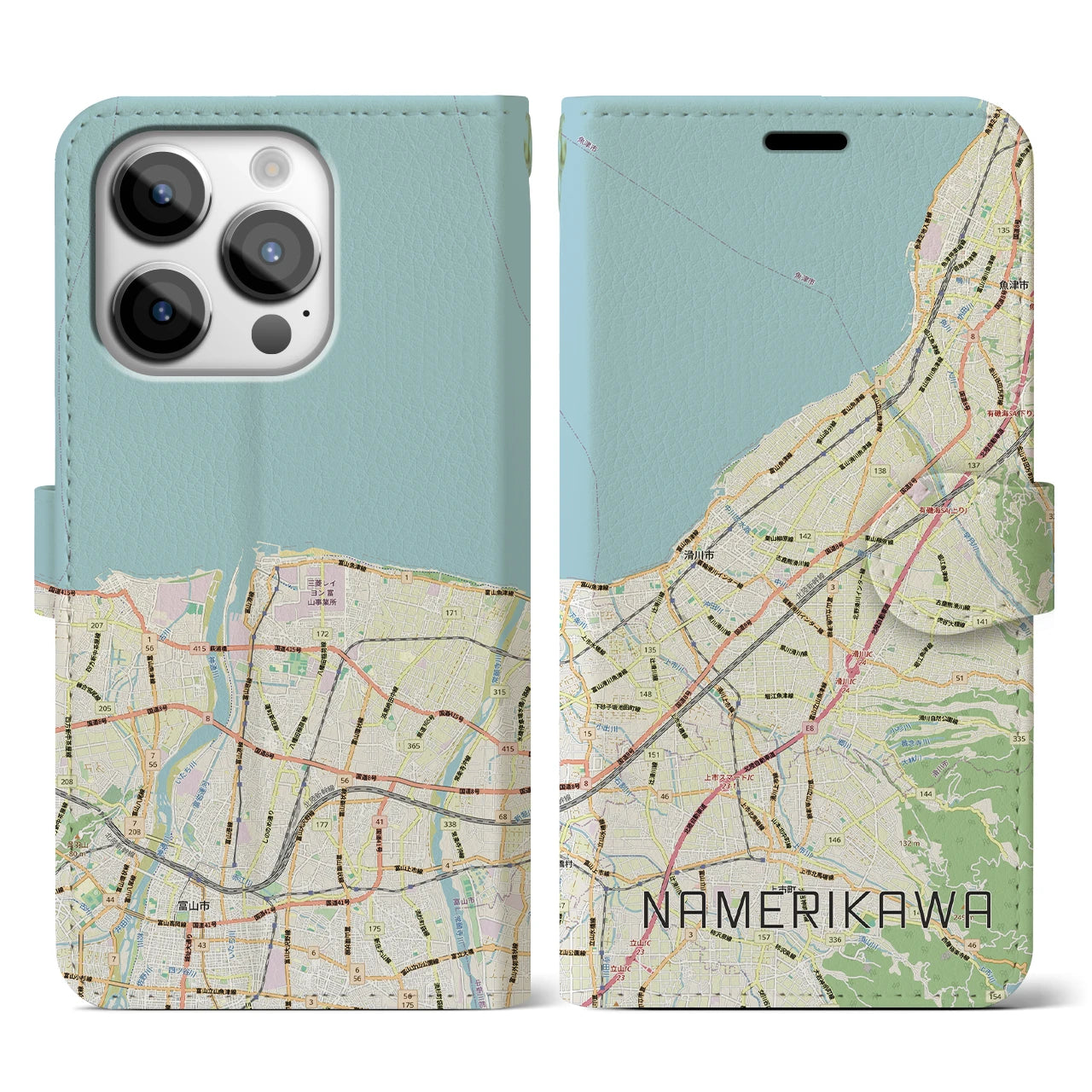 【滑川(富山県)】地図柄iPhoneケース(手帳タイプ)ナチュラル・iPhone 14 Pro 用