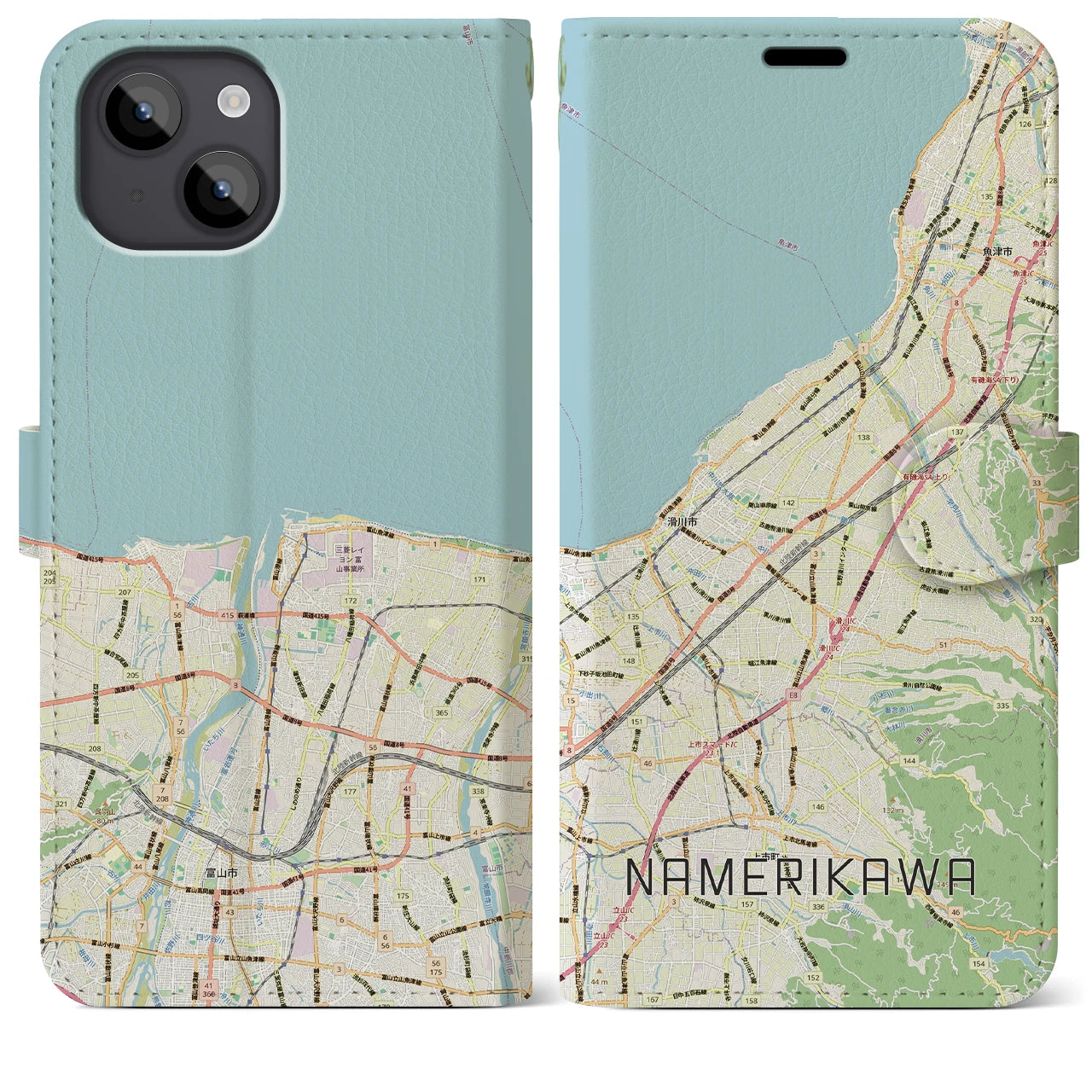 【滑川(富山県)】地図柄iPhoneケース(手帳タイプ)ナチュラル・iPhone 14 Plus 用