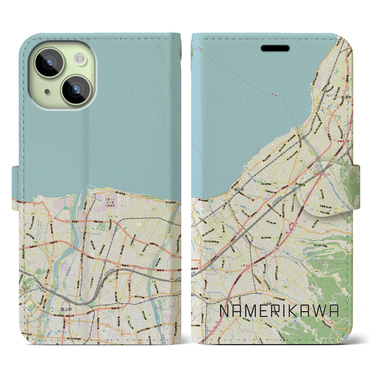 【滑川(富山県)】地図柄iPhoneケース(手帳タイプ)ナチュラル・iPhone 15 用