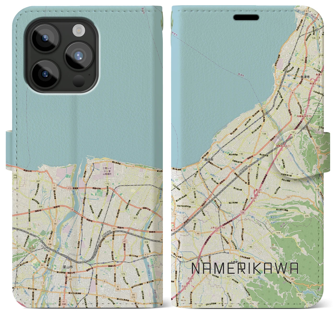 【滑川(富山県)】地図柄iPhoneケース(手帳タイプ)ナチュラル・iPhone 15 Pro Max 用