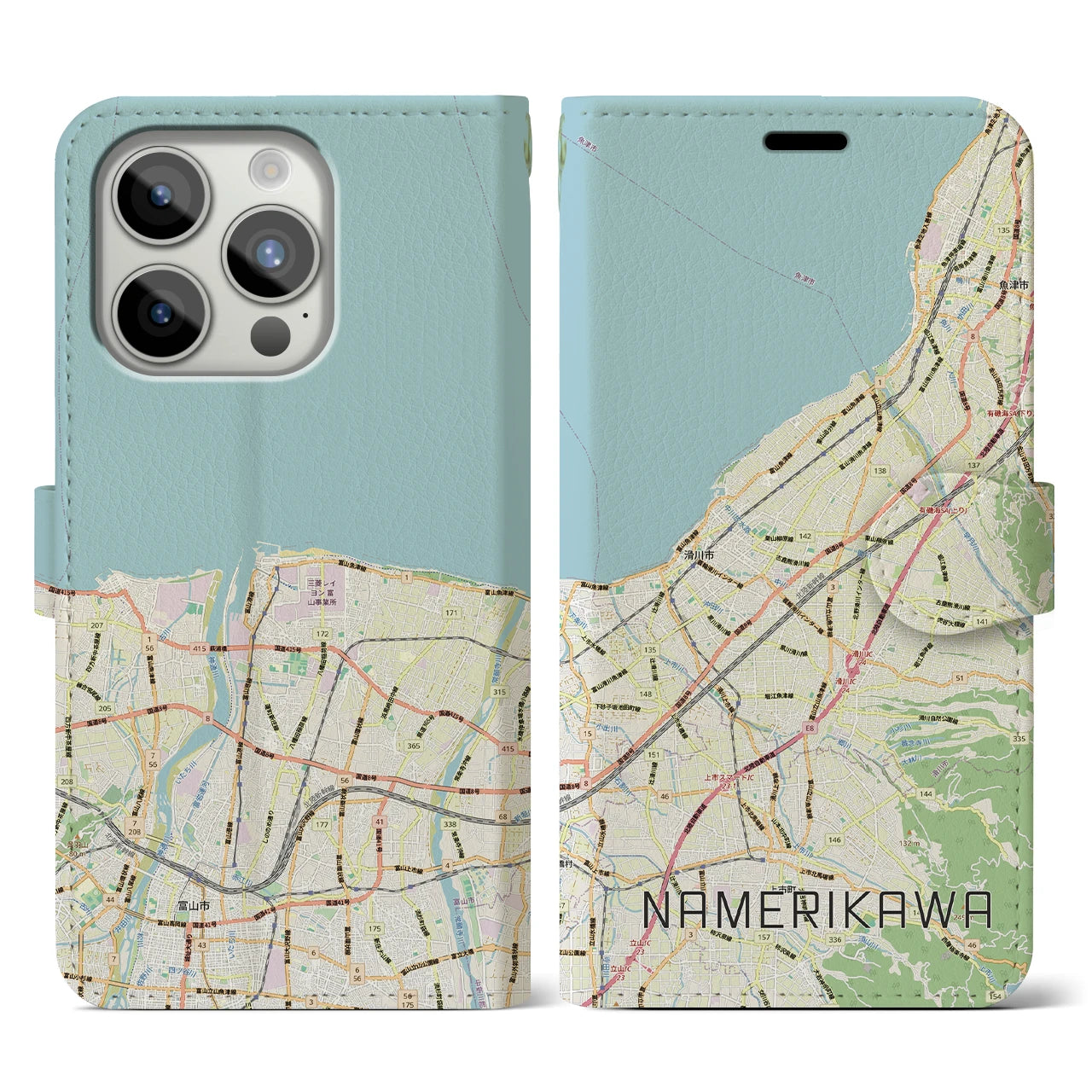 【滑川(富山県)】地図柄iPhoneケース(手帳タイプ)ナチュラル・iPhone 15 Pro 用