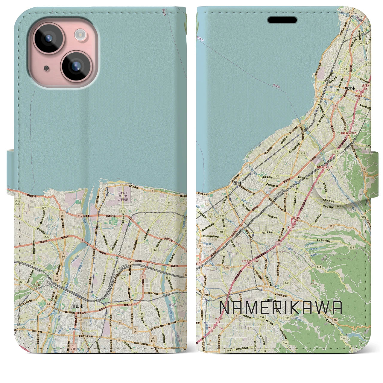 【滑川(富山県)】地図柄iPhoneケース(手帳タイプ)ナチュラル・iPhone 15 Plus 用