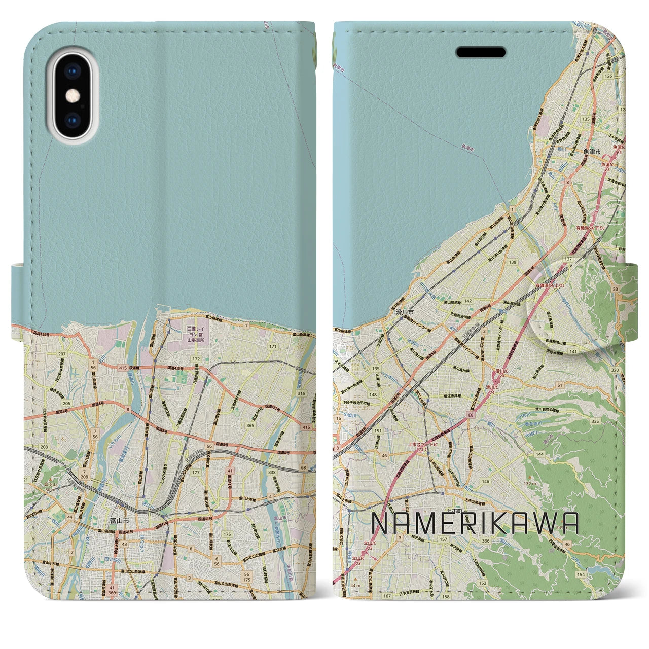 【滑川(富山県)】地図柄iPhoneケース(手帳タイプ)ナチュラル・iPhone XS Max 用