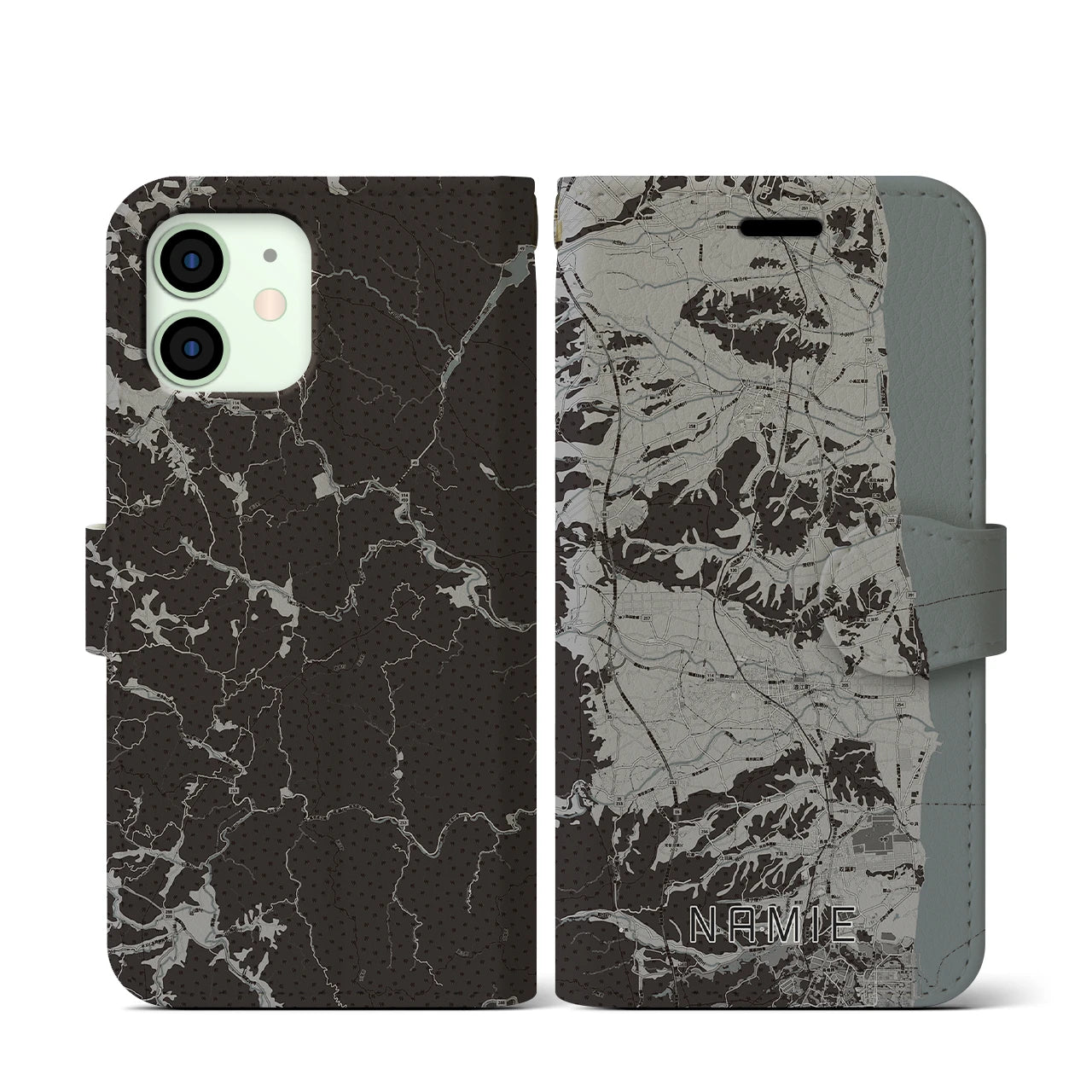 【浪江(福島県)】地図柄iPhoneケース(手帳タイプ)モノトーン・iPhone 12 mini 用