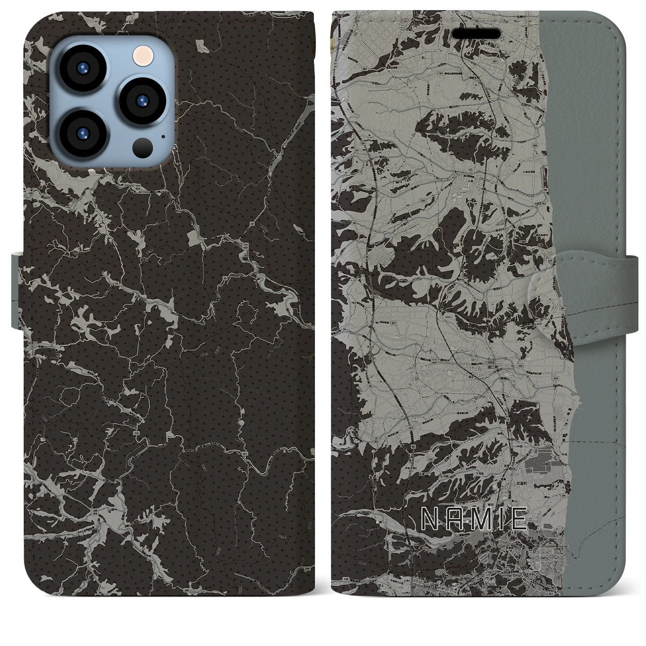 【浪江(福島県)】地図柄iPhoneケース(手帳タイプ)モノトーン・iPhone 13 Pro Max 用
