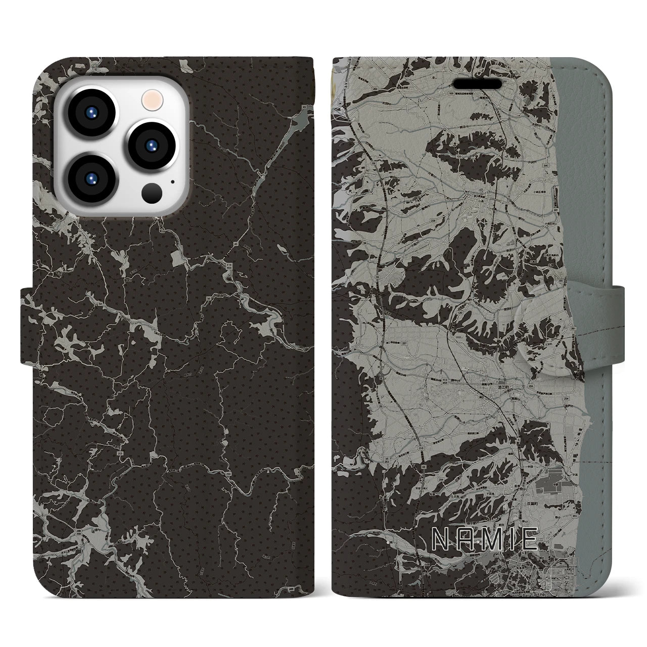 【浪江(福島県)】地図柄iPhoneケース(手帳タイプ)モノトーン・iPhone 13 Pro 用