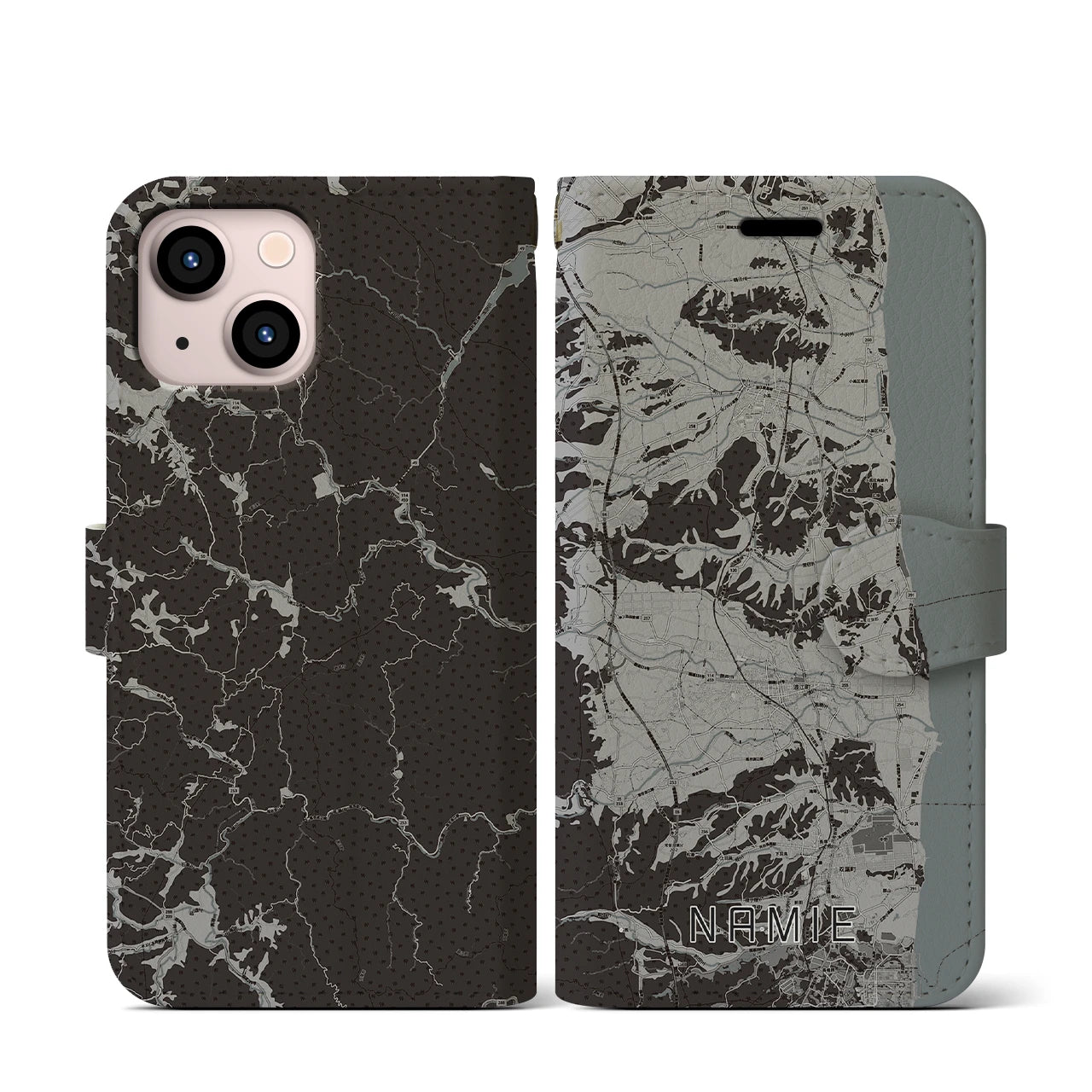 【浪江(福島県)】地図柄iPhoneケース(手帳タイプ)モノトーン・iPhone 13 mini 用