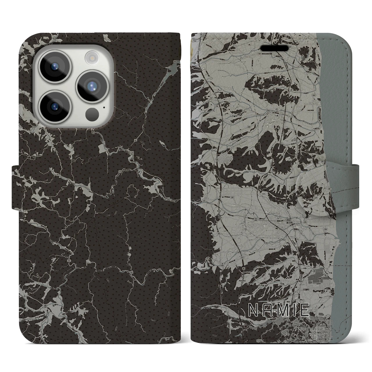 【浪江(福島県)】地図柄iPhoneケース(手帳タイプ)モノトーン・iPhone 15 Pro 用