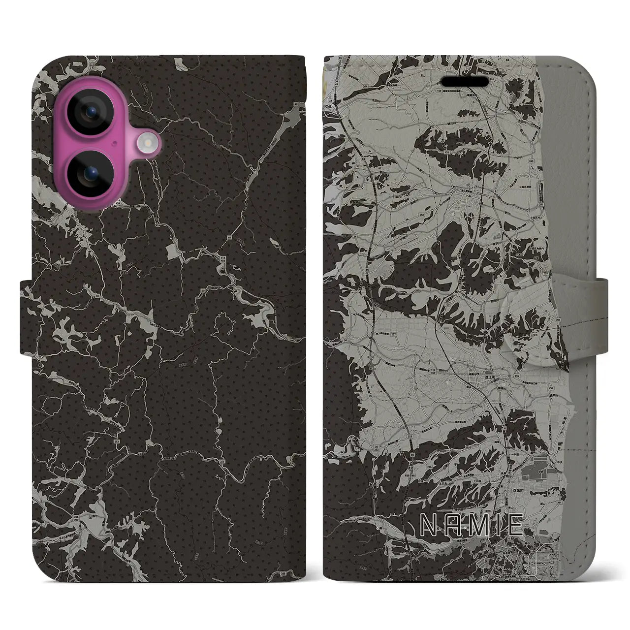 【浪江(福島県)】地図柄iPhoneケース(手帳タイプ)モノトーン・iPhone 16 Pro 用