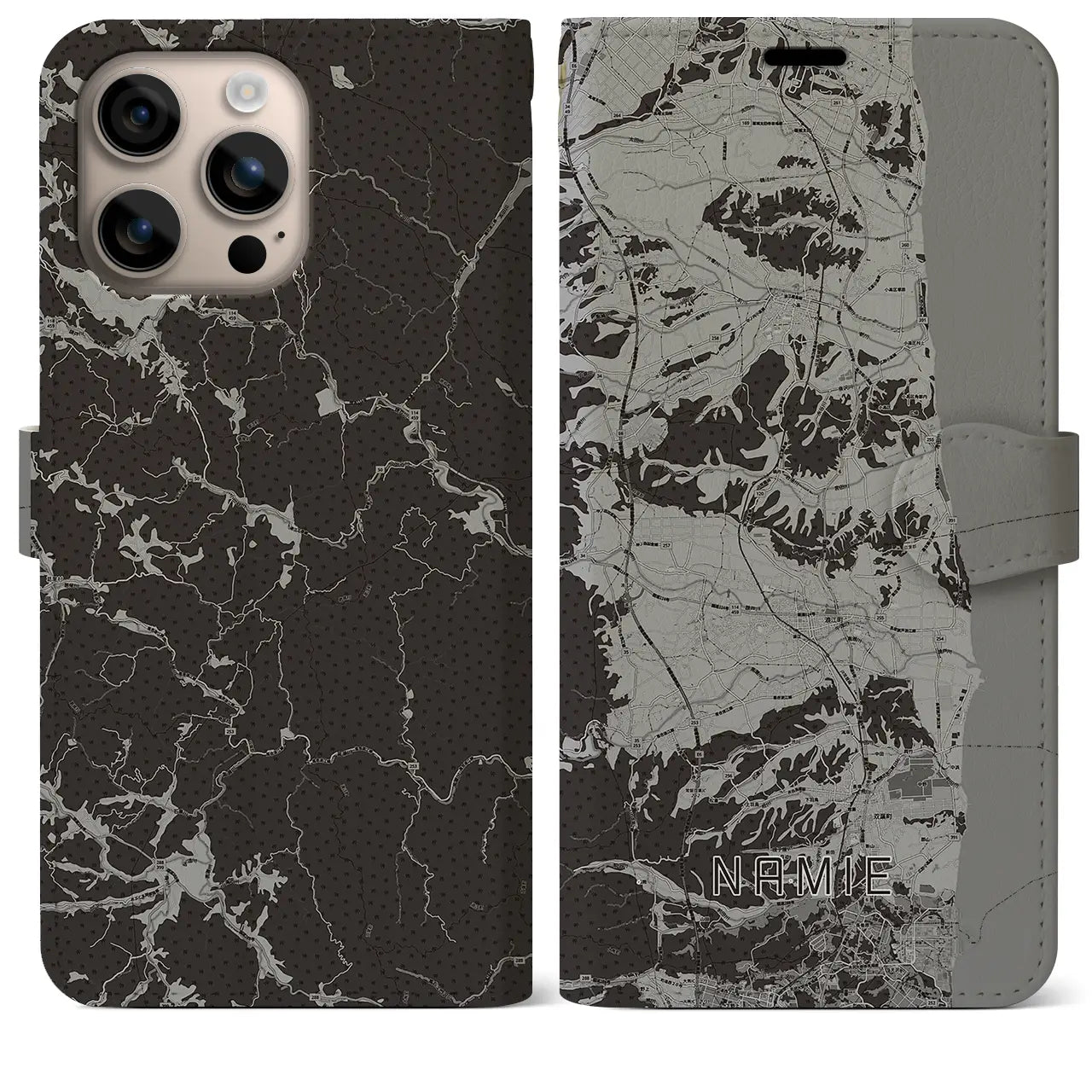 【浪江(福島県)】地図柄iPhoneケース(手帳タイプ)モノトーン・iPhone 16 Plus 用