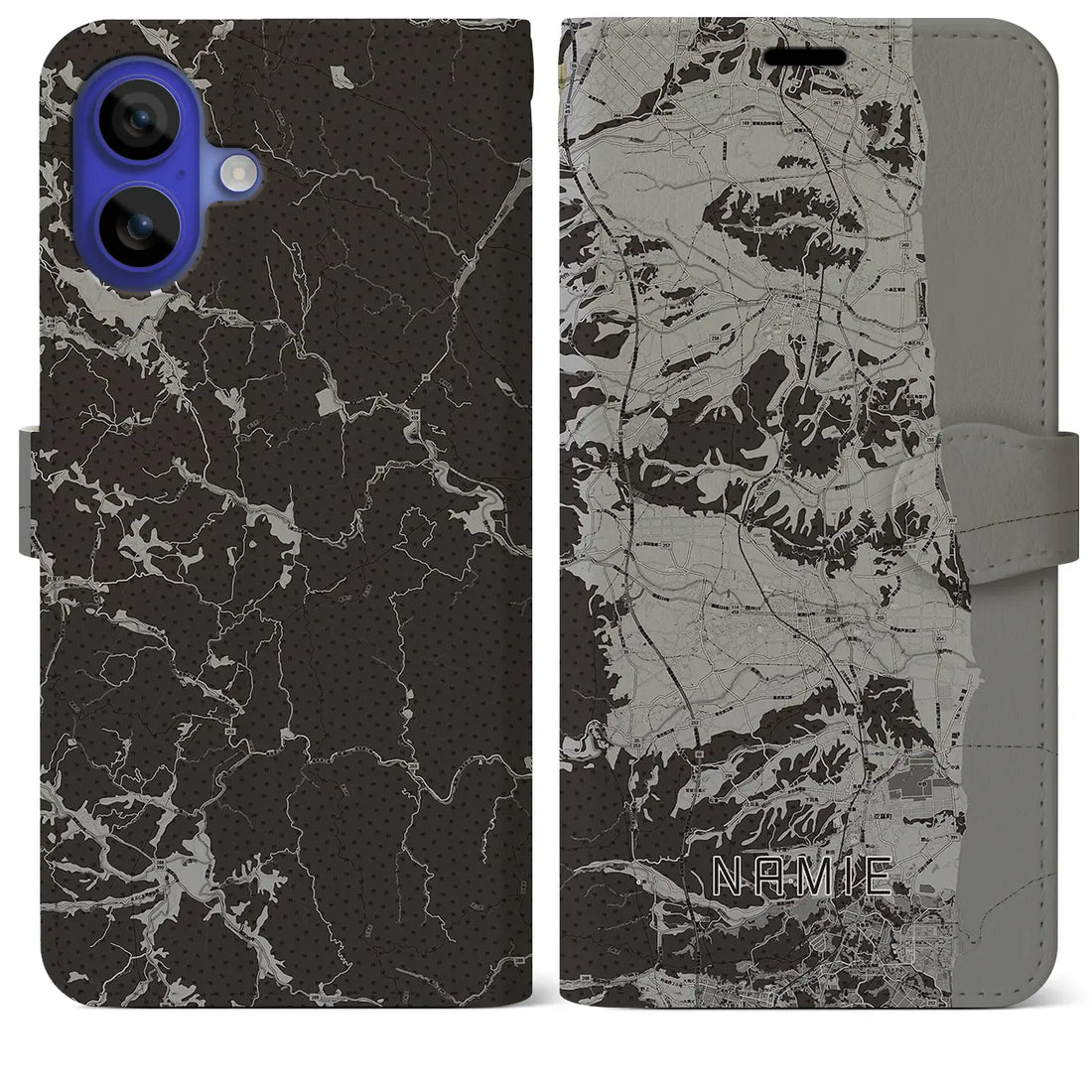 【浪江(福島県)】地図柄iPhoneケース(手帳タイプ)モノトーン・iPhone 16 Pro Max 用