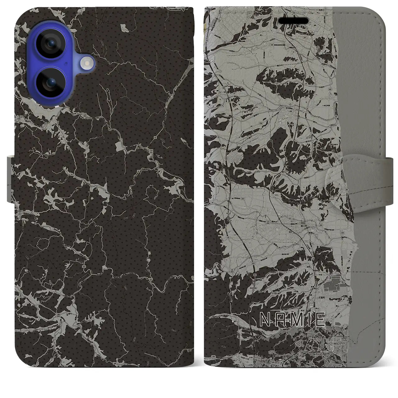 【浪江(福島県)】地図柄iPhoneケース(手帳タイプ)モノトーン・iPhone 16 Pro Max 用