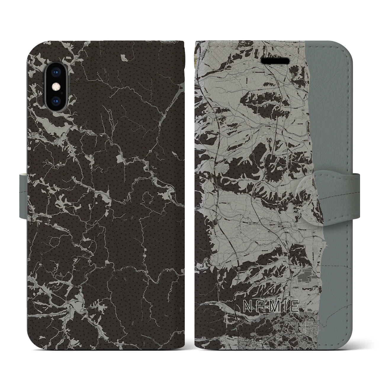 【浪江(福島県)】地図柄iPhoneケース(手帳タイプ)モノトーン・iPhone XS / X 用