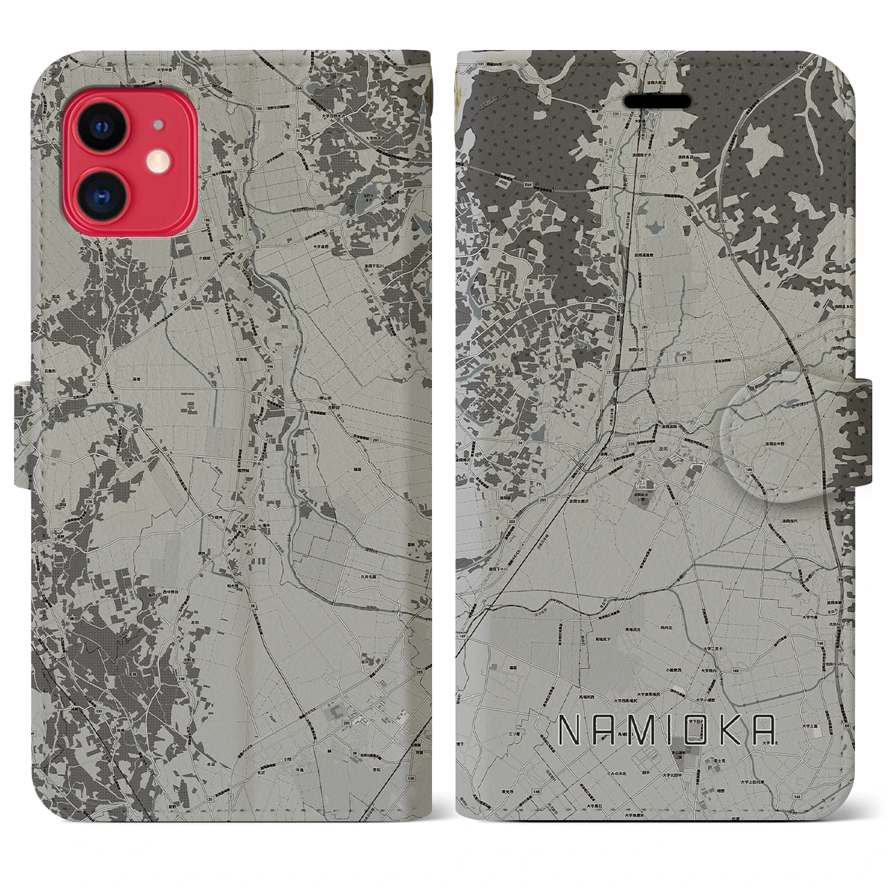 【浪岡(青森県)】地図柄iPhoneケース(手帳タイプ)モノトーン・iPhone 11 用