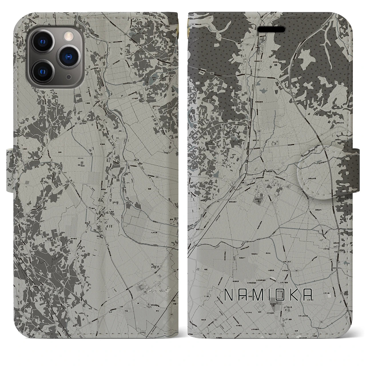 【浪岡(青森県)】地図柄iPhoneケース(手帳タイプ)モノトーン・iPhone 11 Pro Max 用