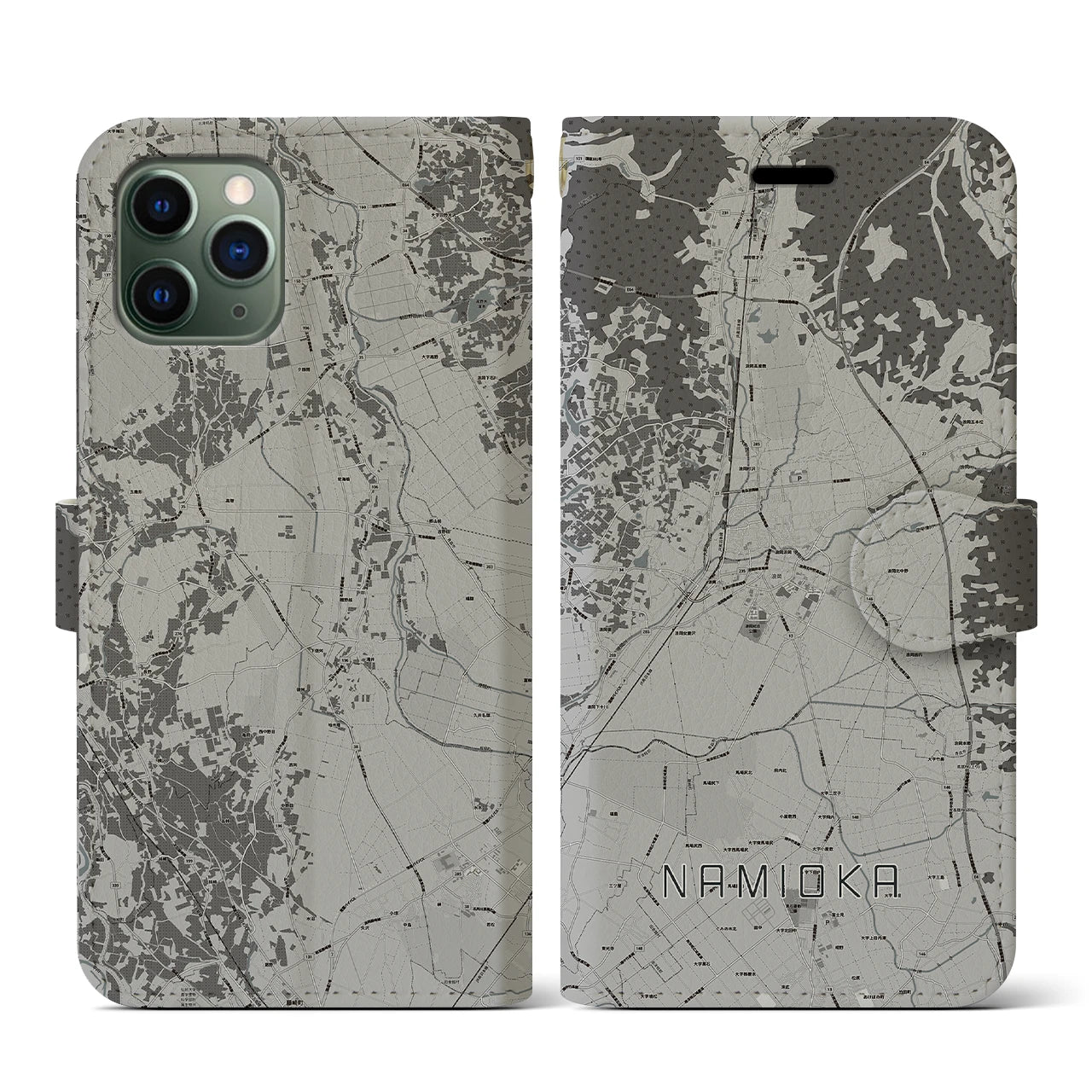 【浪岡(青森県)】地図柄iPhoneケース(手帳タイプ)モノトーン・iPhone 11 Pro 用